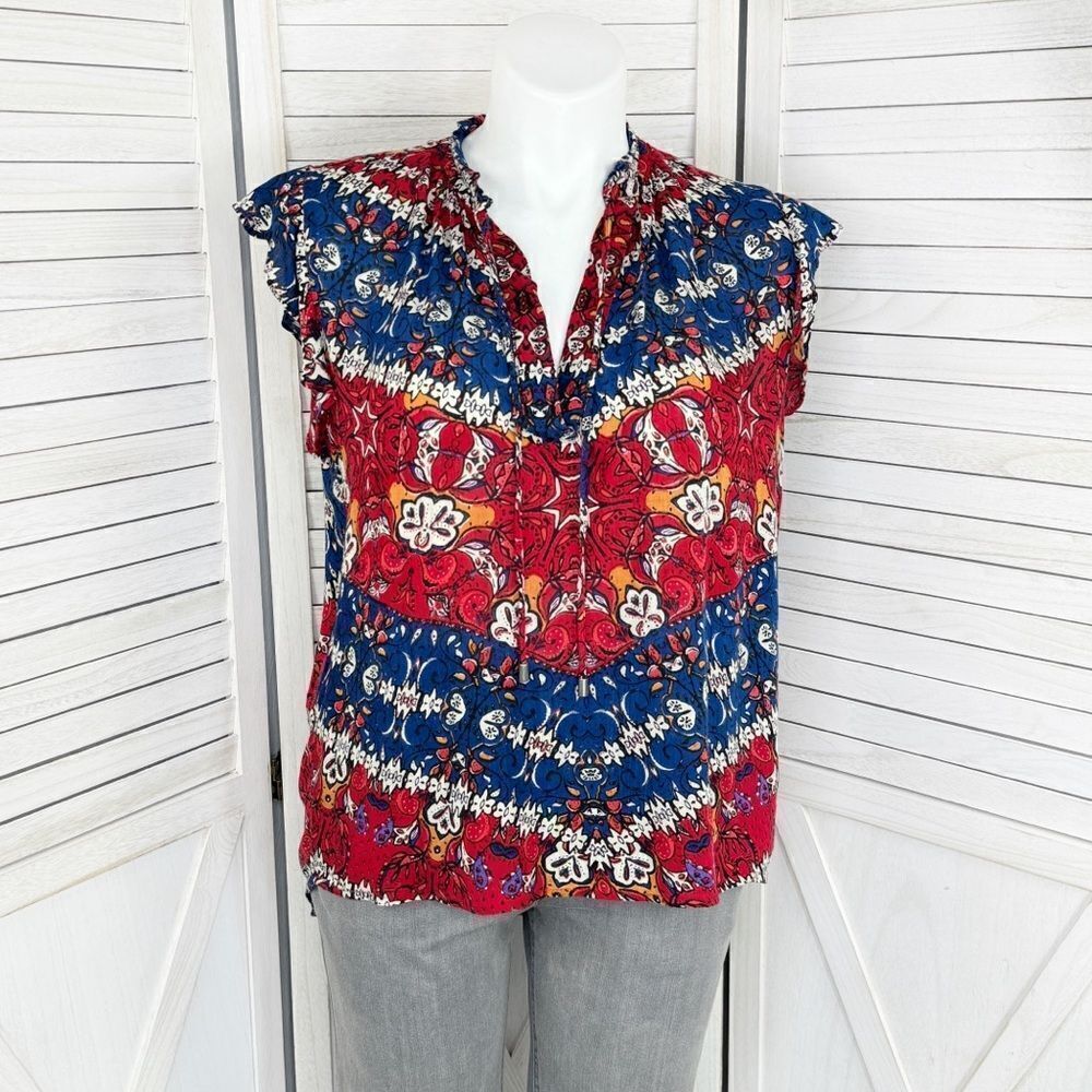 Hannah Printed Boho Flutter Sleeve Tunic Top Red Blue Large